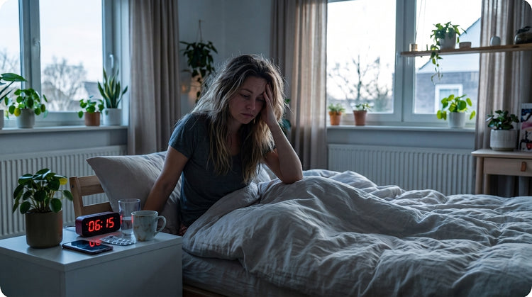 Woman waking up tired after a harsh alarm